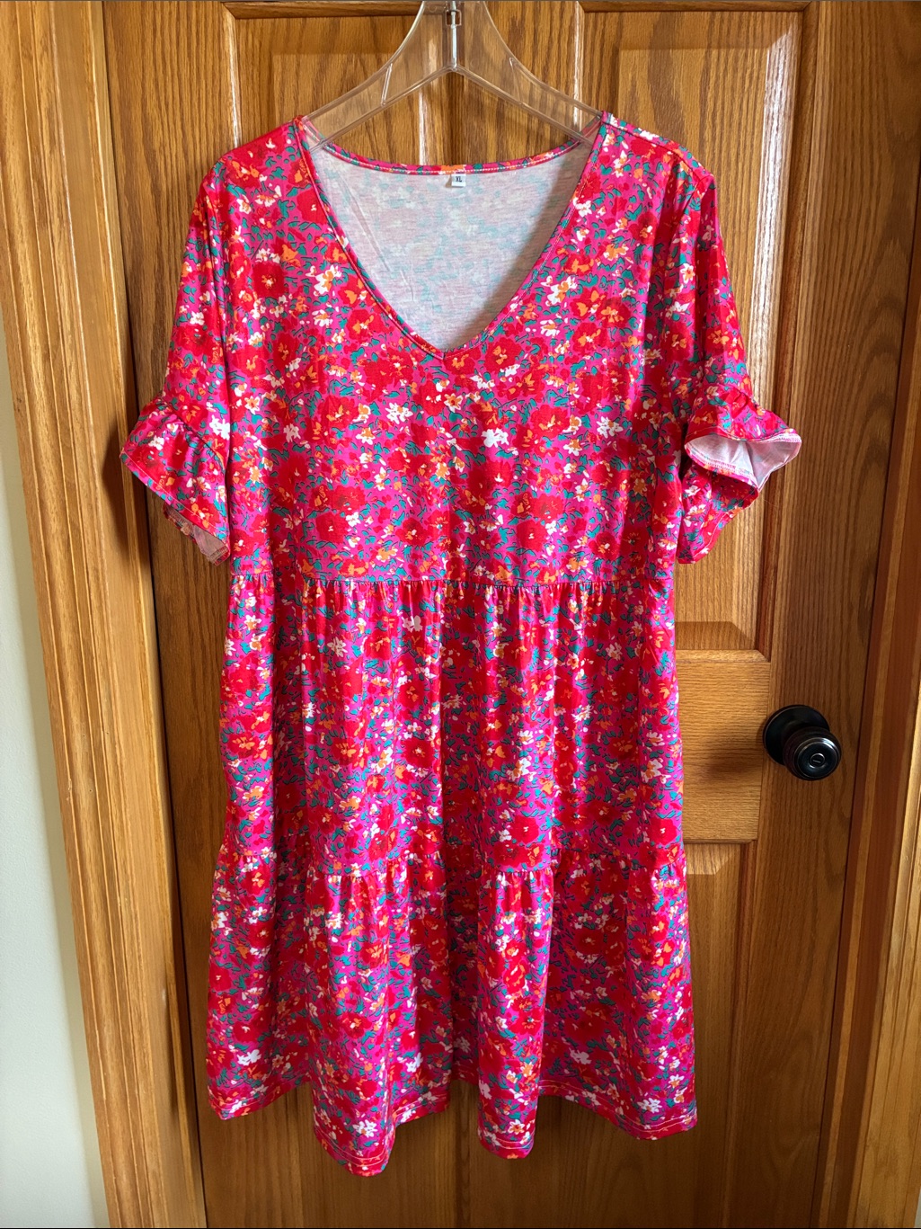Amazon Hot Pink Floral V-Neck Tiered Midi Dress